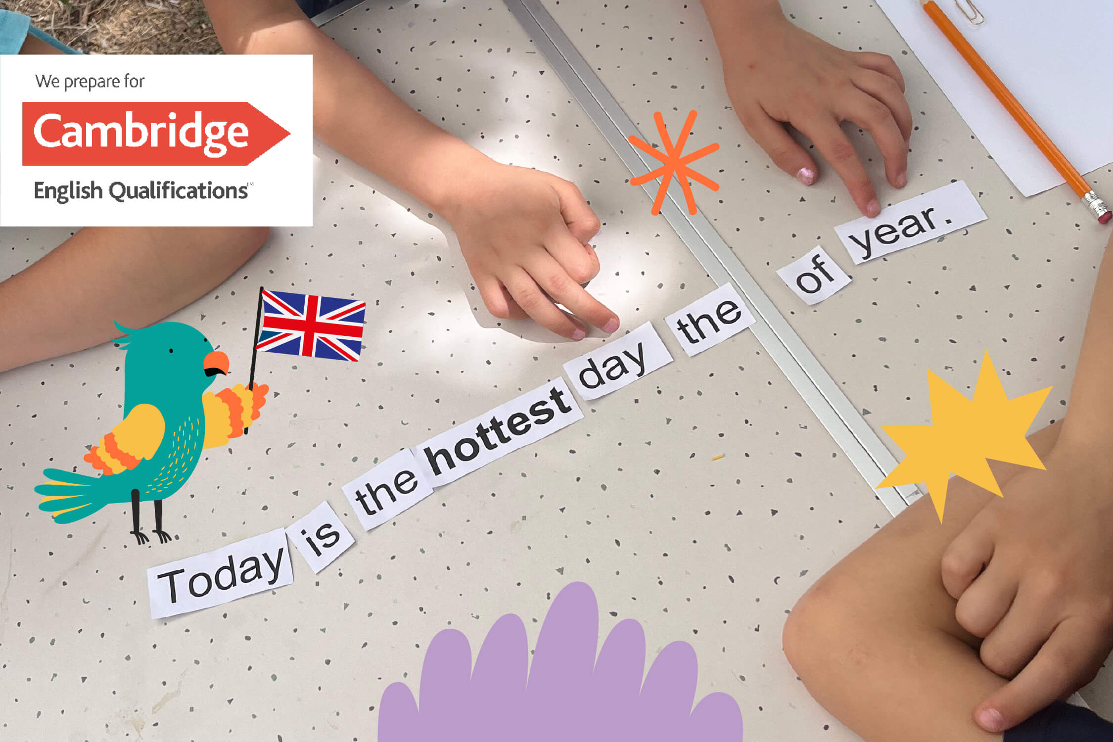 Home 22 Bambini che imparano l’inglese giocando con le parole: esercizio di composizione della frase 'Today is the hottest day of the year' durante un corso preparatorio Cambridge presso BSchool